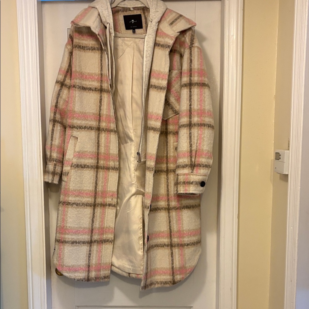 7 For All Mankind Cream and Pink Plaid Trench Coat